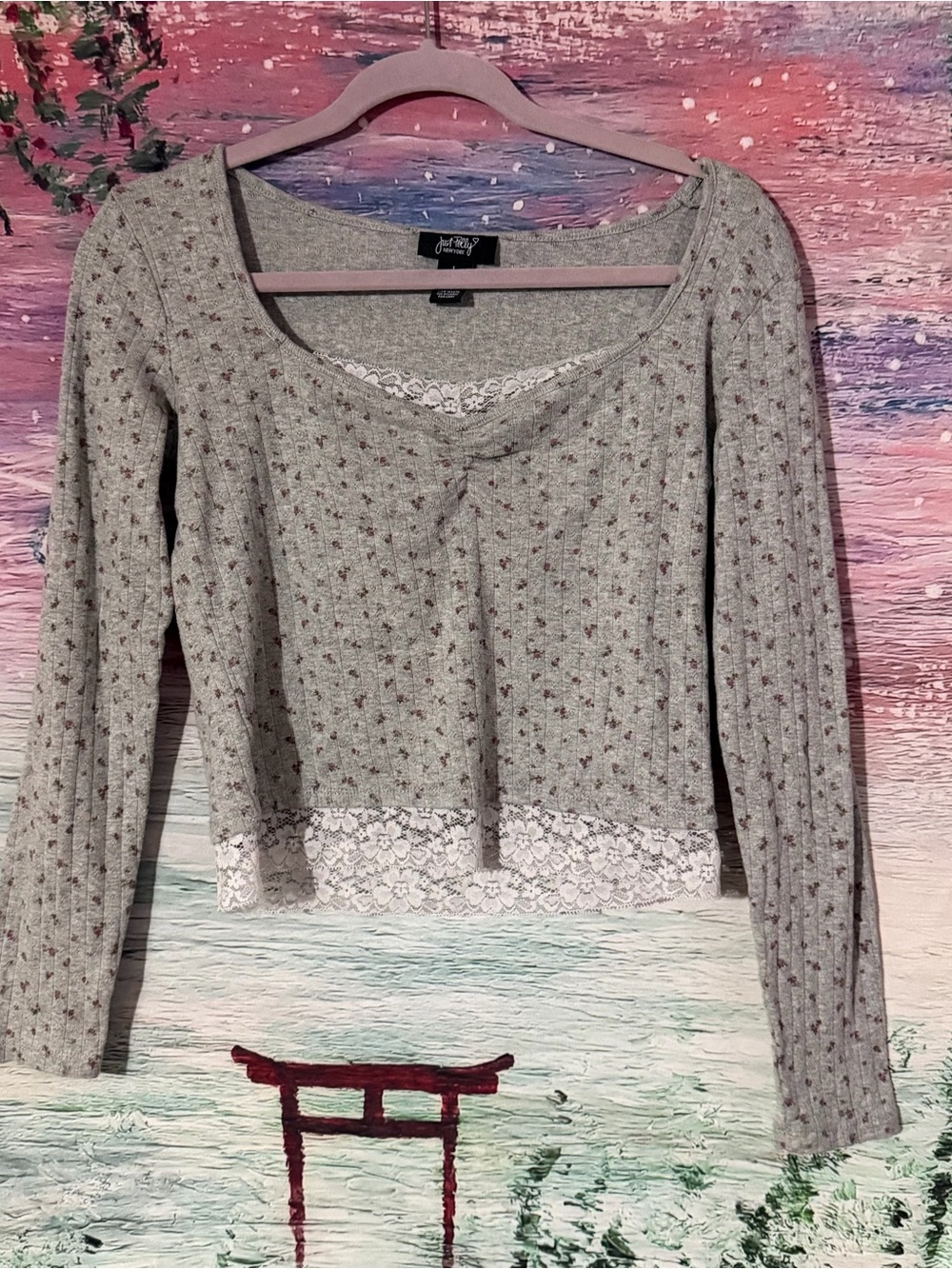 Just Polly Gray Floral Lace-Trim Ribbed Long-Sleeve Top